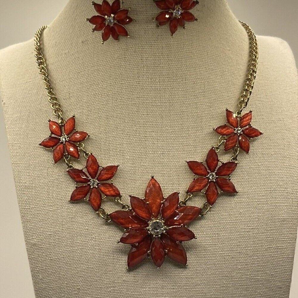 Vintage Flower Pot Bloom Red/Orange Fall Rhinestone Statement Necklace Earring